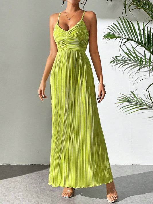 Drawstring Ruffle Backless Cross Straps Maxi Dress