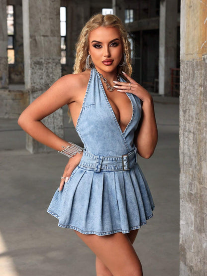 Pleated Backless Hem Denim Mini Dress