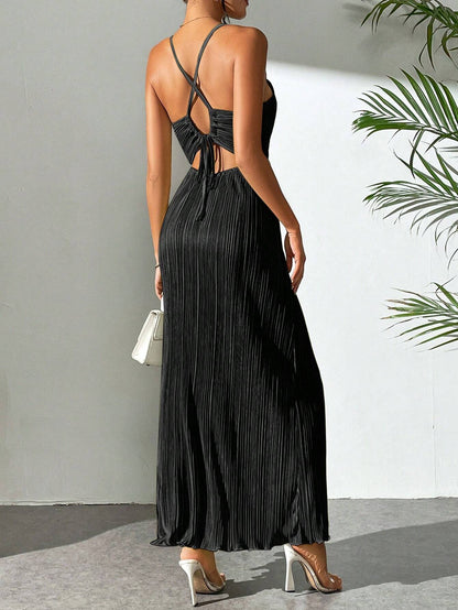 Drawstring Ruffle Backless Cross Straps Maxi Dress