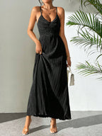 Drawstring Ruffle Backless Cross Straps Maxi Dress
