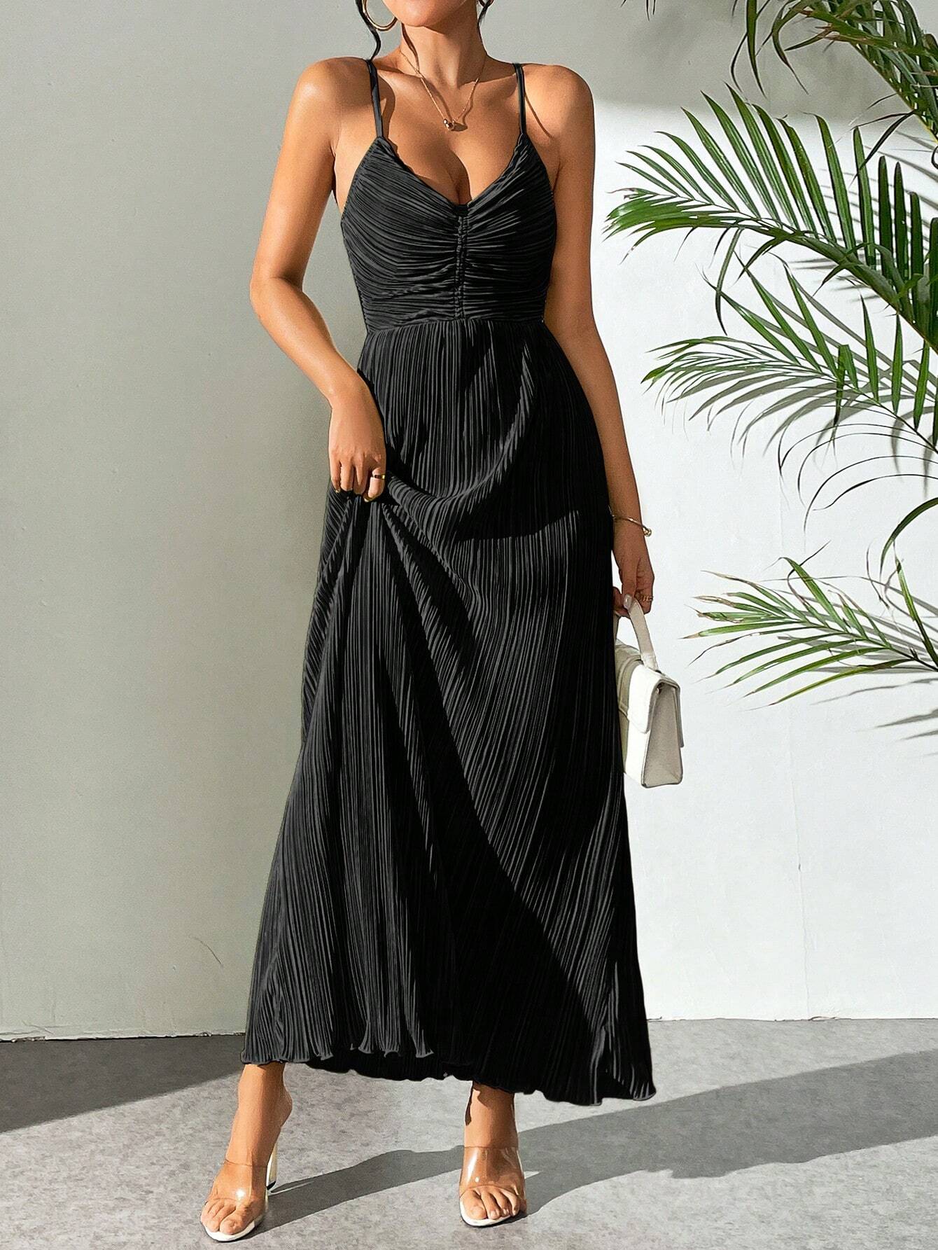 Drawstring Ruffle Backless Cross Straps Maxi Dress