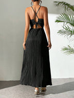 Drawstring Ruffle Backless Cross Straps Maxi Dress