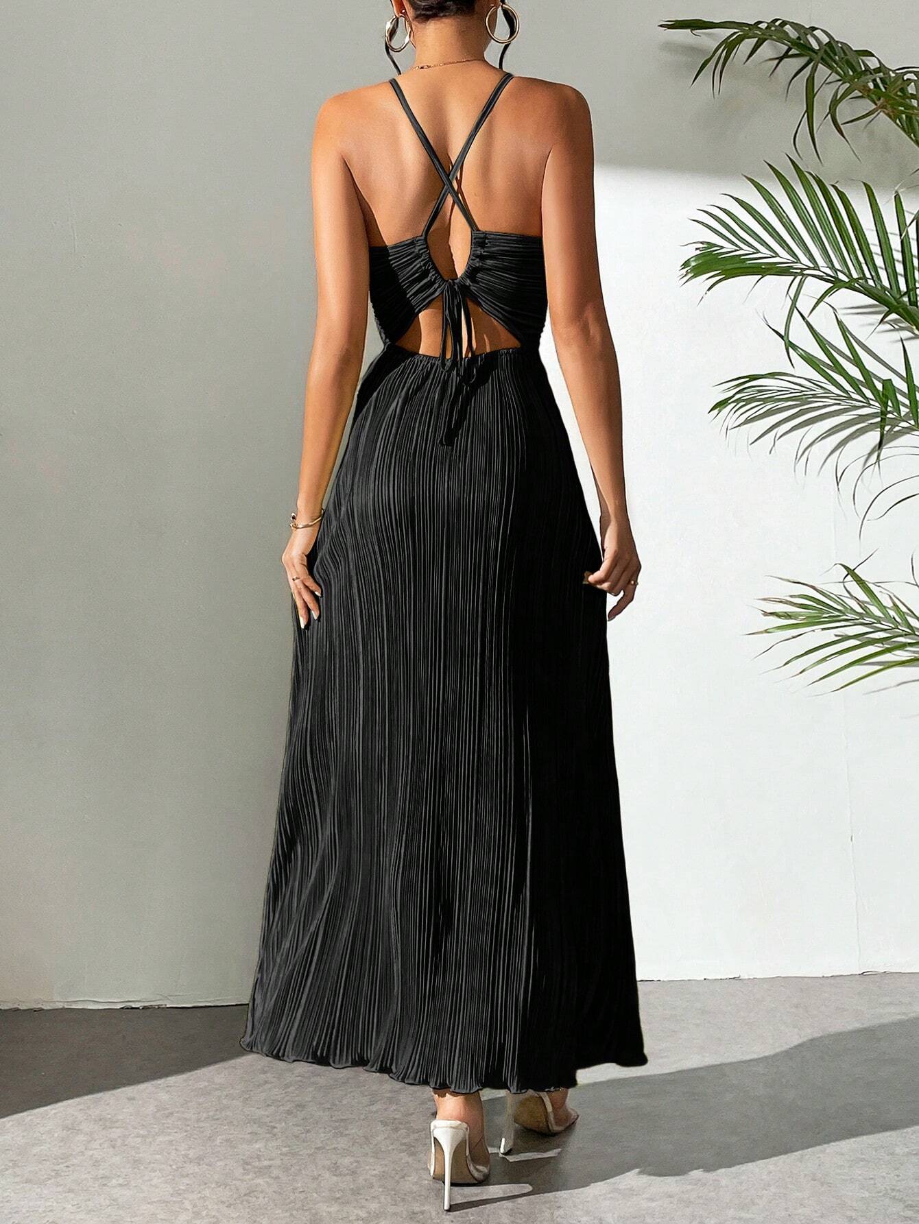 Drawstring Ruffle Backless Cross Straps Maxi Dress