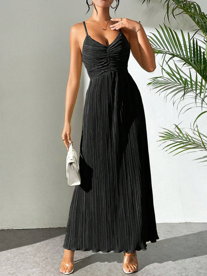 Drawstring Ruffle Backless Cross Straps Maxi Dress