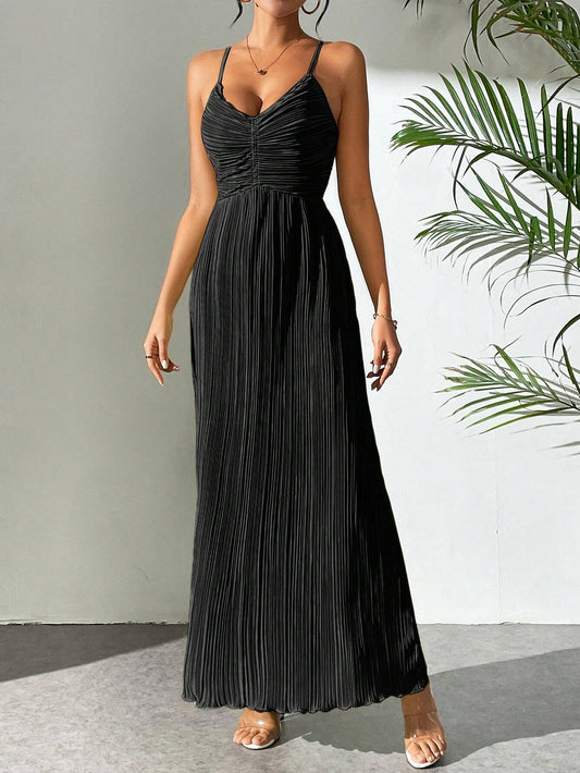 Drawstring Ruffle Backless Cross Straps Maxi Dress