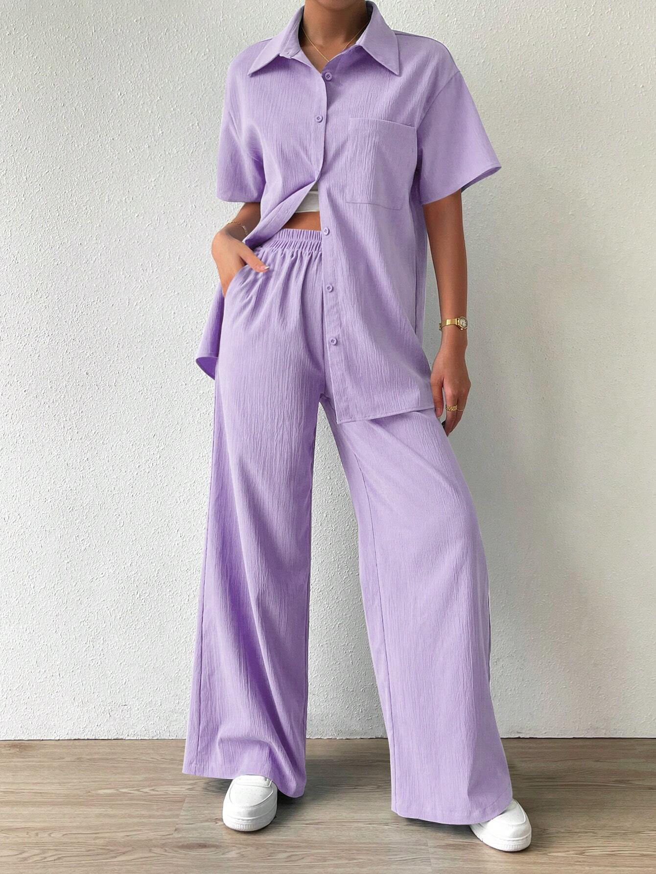 Button Front  Shirt And Straight Pants Sets
