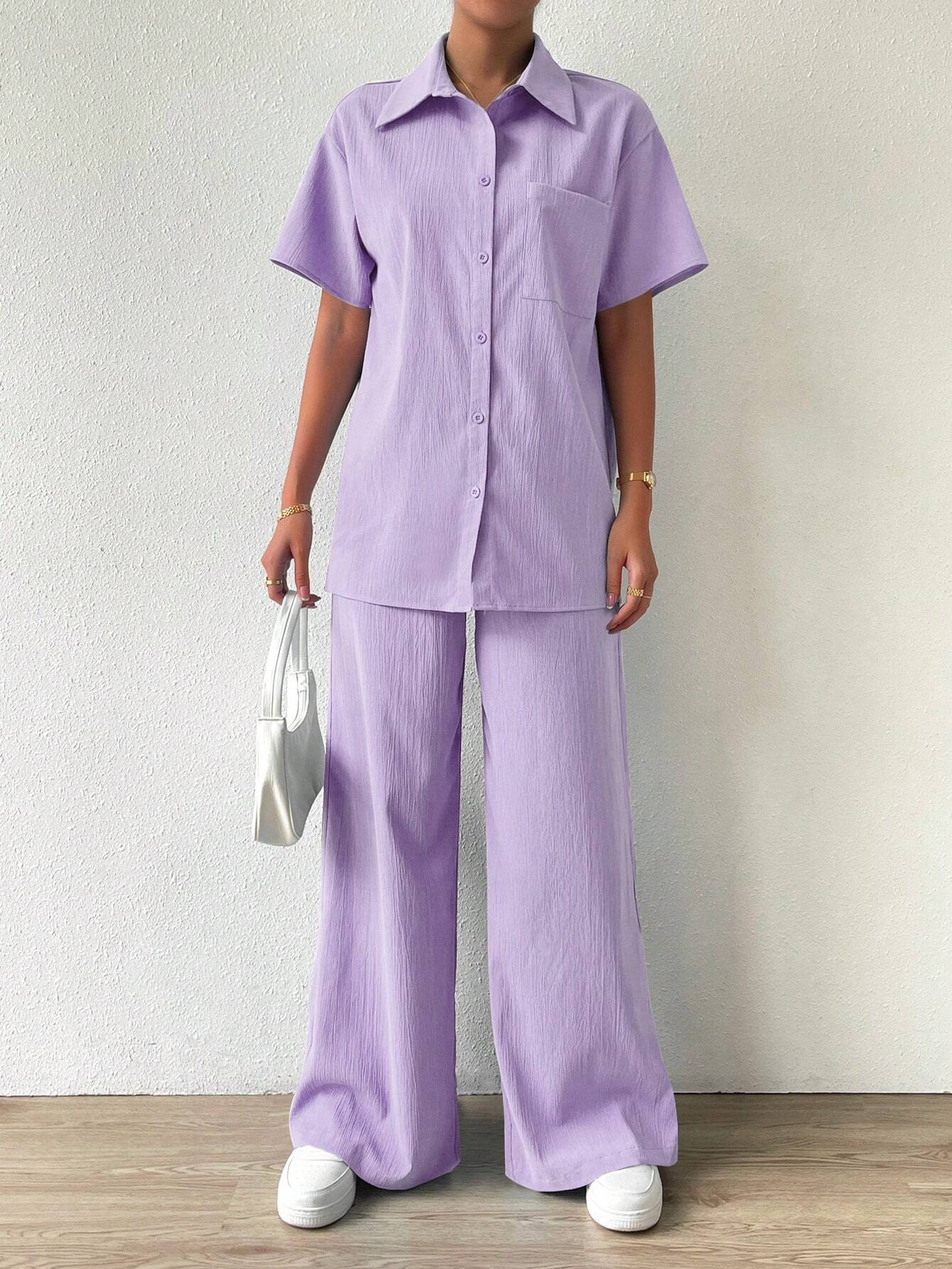 Button Front  Shirt And Straight Pants Sets