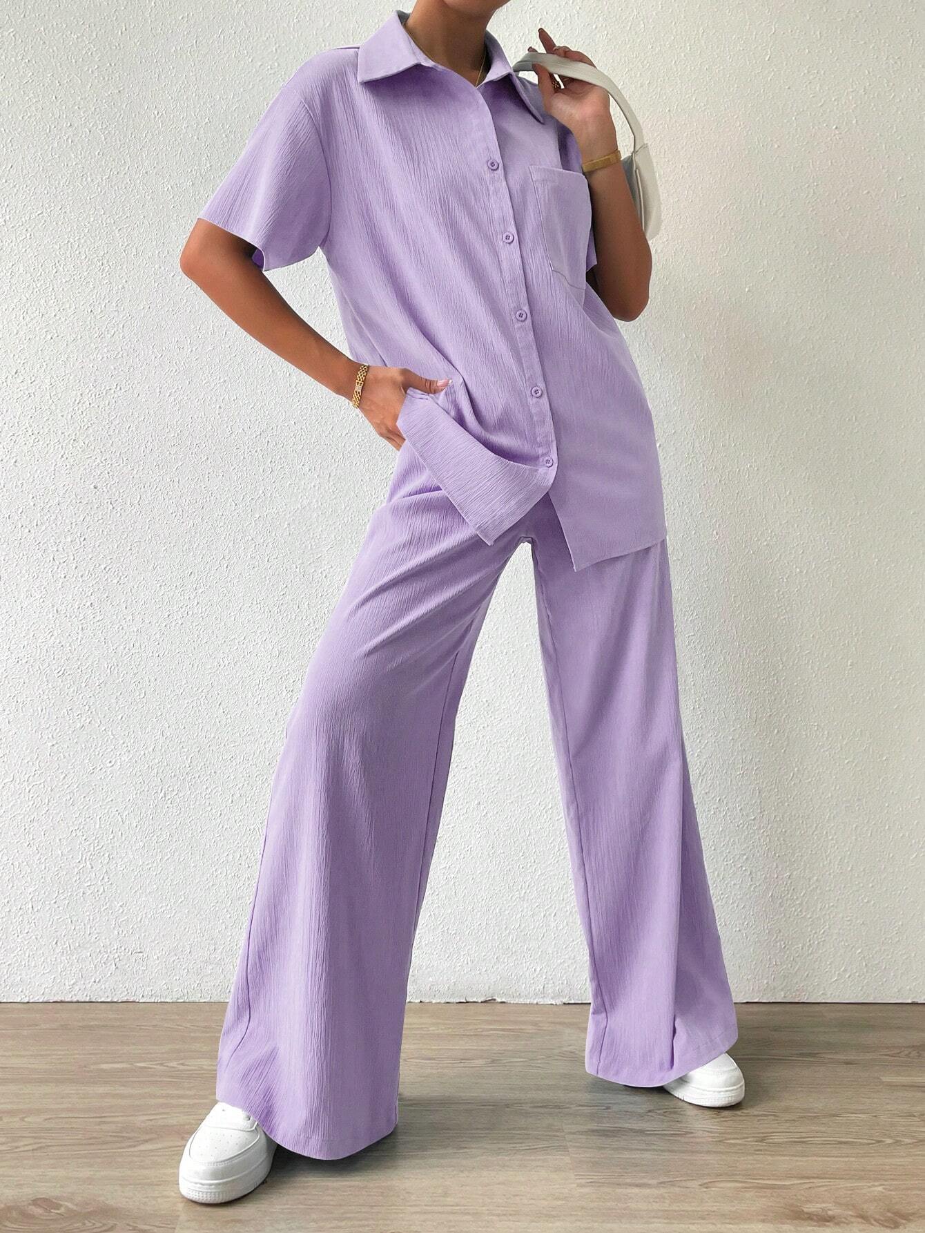 Button Front  Shirt And Straight Pants Sets