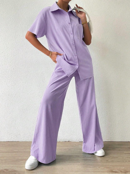 Button Front  Shirt And Straight Pants Sets