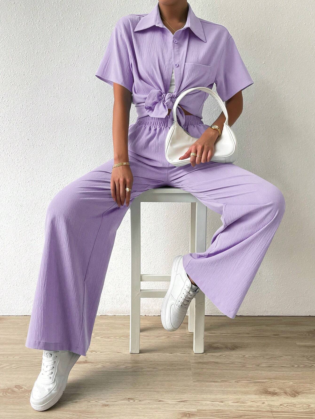 Button Front  Shirt And Straight Pants Sets