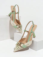 Elegant Embroidered Chain Pointed Toe Slip-On High Heel Sandals