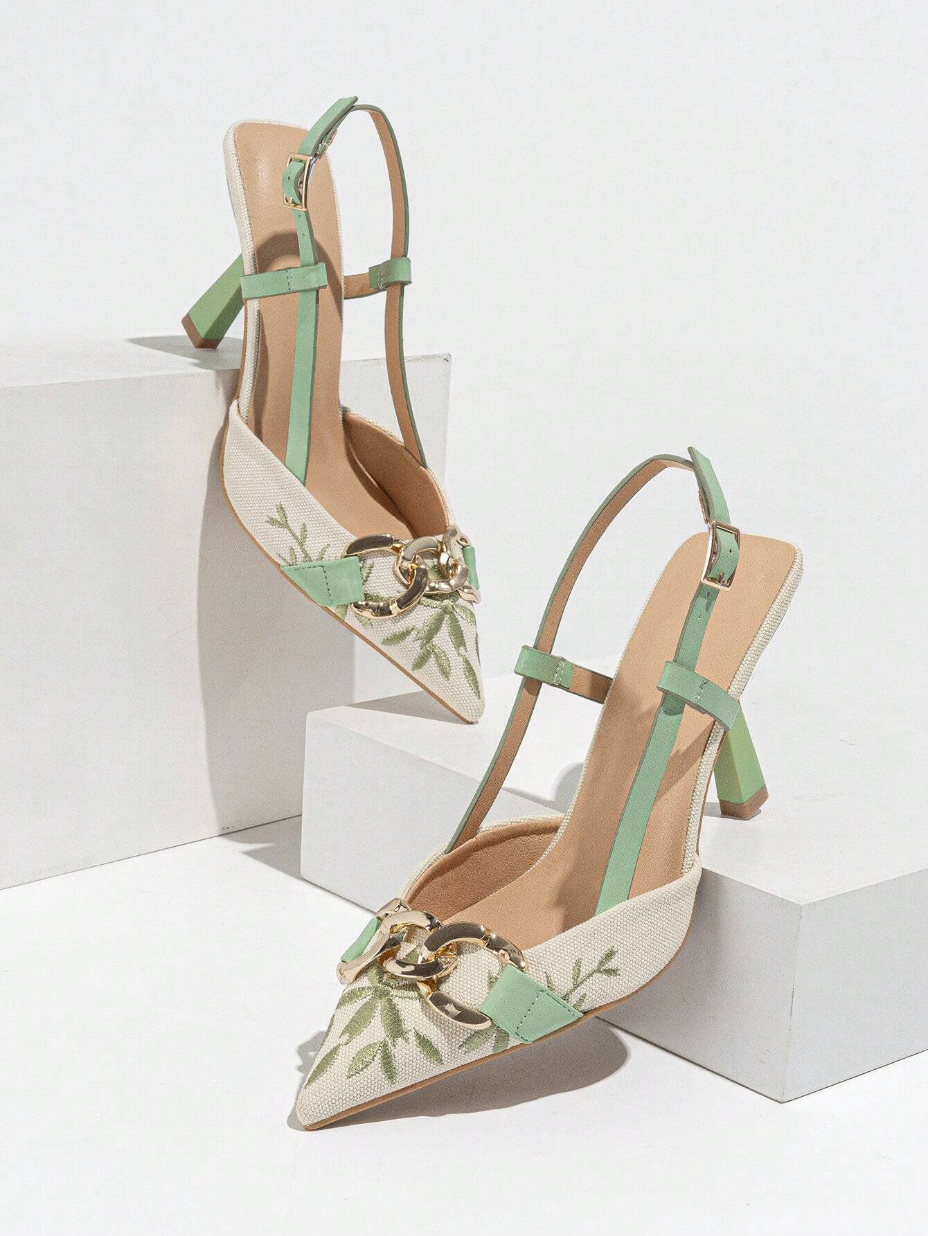 Elegant Embroidered Chain Pointed Toe Slip-On High Heel Sandals