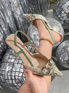 Elegant Embroidered Chain Pointed Toe Slip-On High Heel Sandals