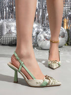 Elegant Embroidered Chain Pointed Toe Slip-On High Heel Sandals