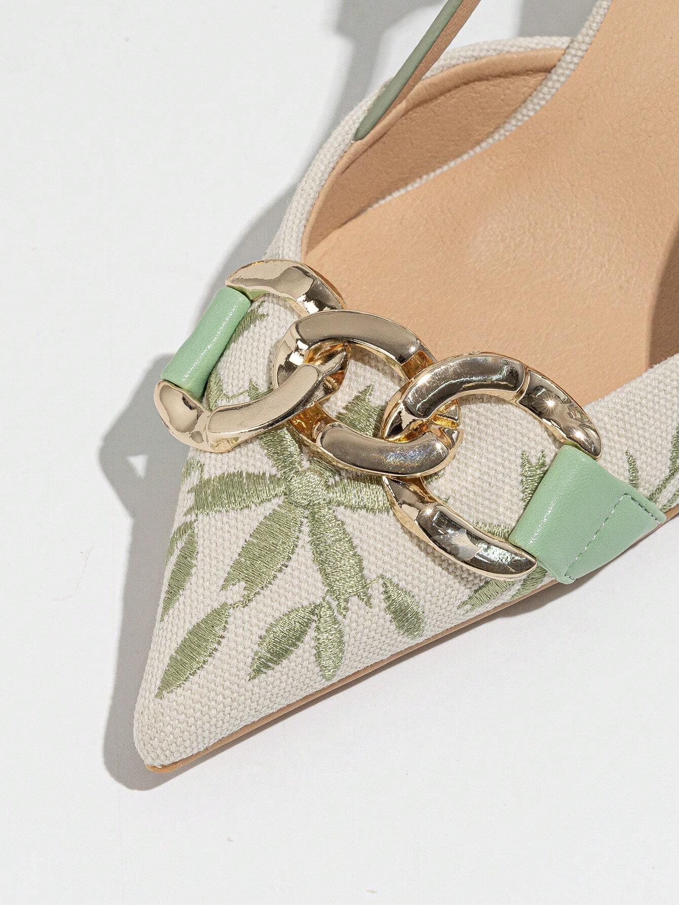 Elegant Embroidered Chain Pointed Toe Slip-On High Heel Sandals