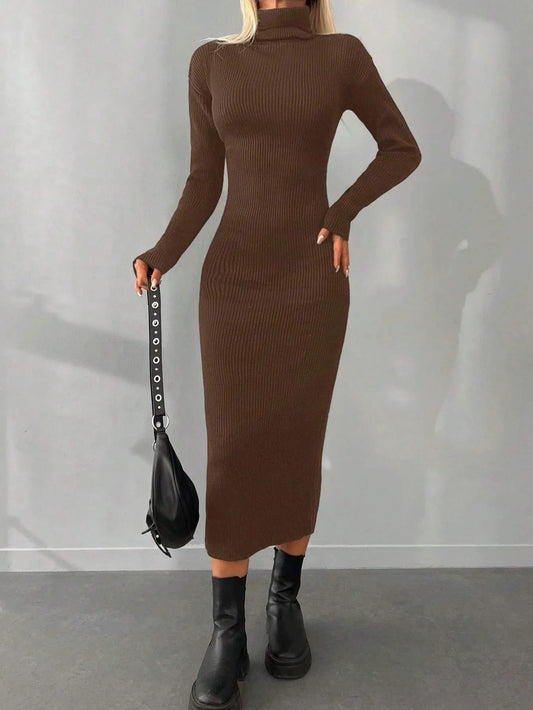 Solid Knit  Turtleneck  Dress