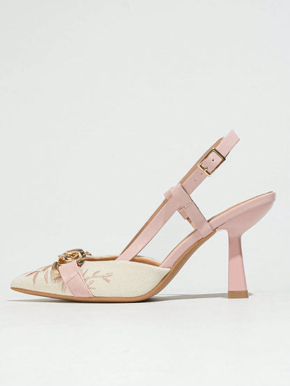 Elegant Embroidered Chain Pointed Toe Slip-On High Heel Sandals