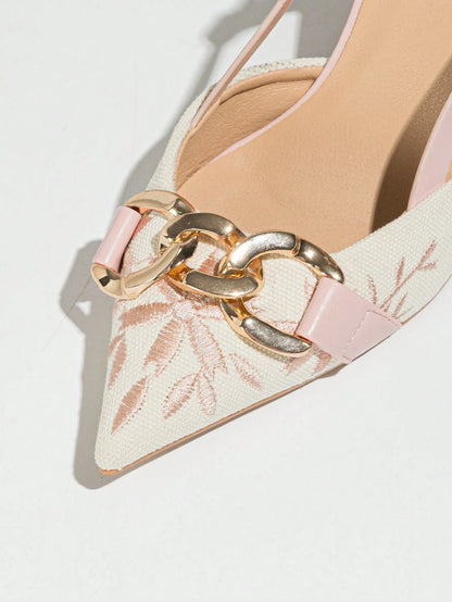 Elegant Embroidered Chain Pointed Toe Slip-On High Heel Sandals