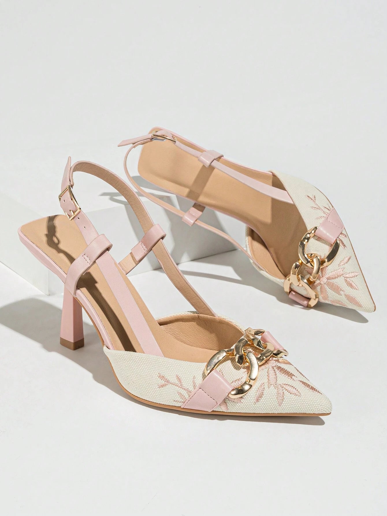 Elegant Embroidered Chain Pointed Toe Slip-On High Heel Sandals