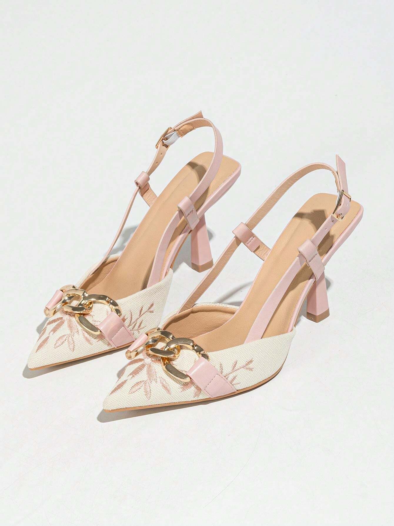 Elegant Embroidered Chain Pointed Toe Slip-On High Heel Sandals