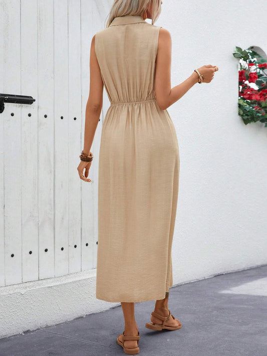 Lapel Double-Breasted Waist-Cinching Slit Maxi Dress