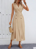 Lapel Double-Breasted Waist-Cinching Slit Maxi Dress