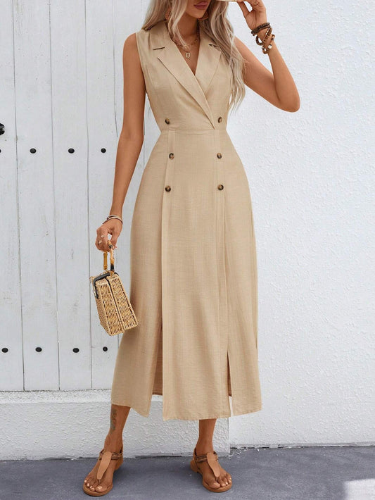 Lapel Double-Breasted Waist-Cinching Slit Maxi Dress