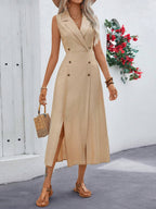 Lapel Double-Breasted Waist-Cinching Slit Maxi Dress