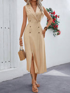 Lapel Double-Breasted Waist-Cinching Slit Maxi Dress