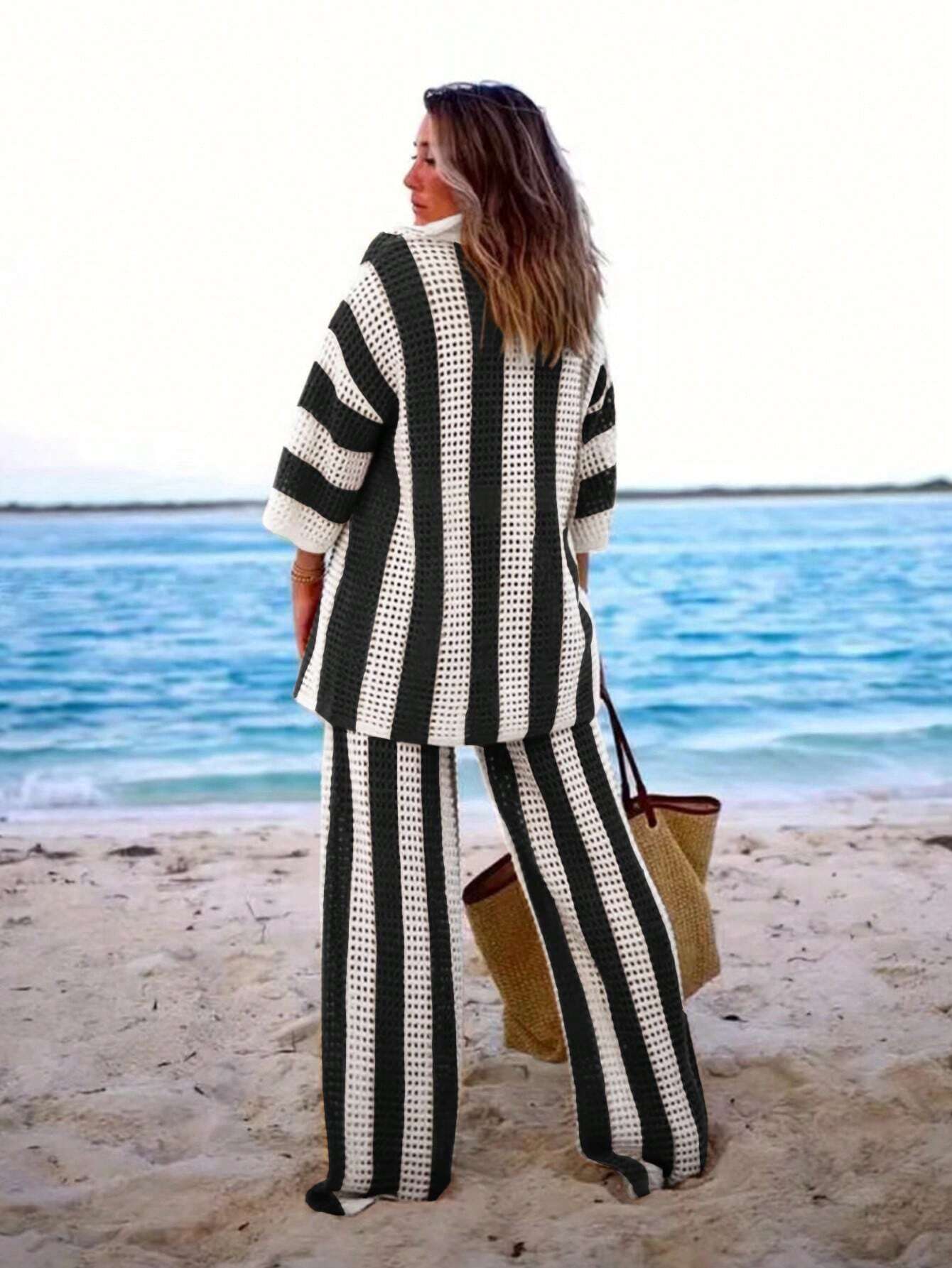 Polo Collar Hollow Out Striped Sweater Set