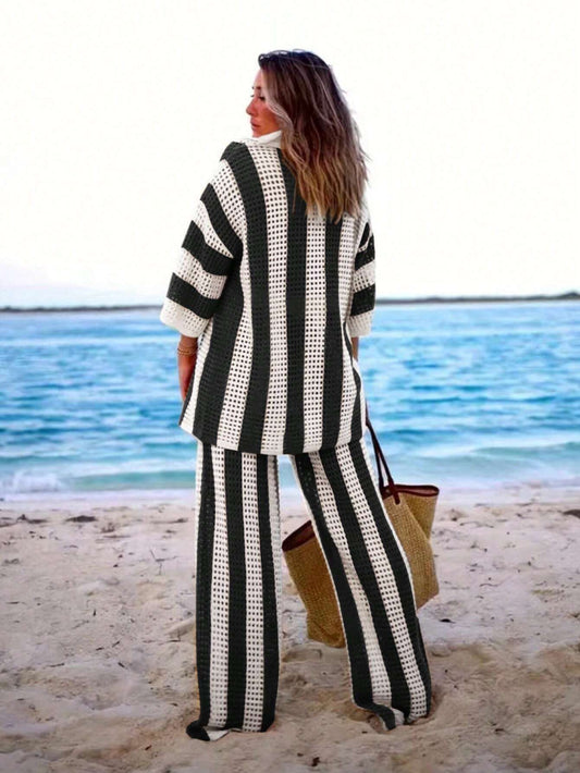 Polo Collar Hollow Out Striped Sweater Set