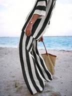 Polo Collar Hollow Out Striped Sweater Set