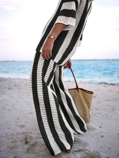 Polo Collar Hollow Out Striped Sweater Set
