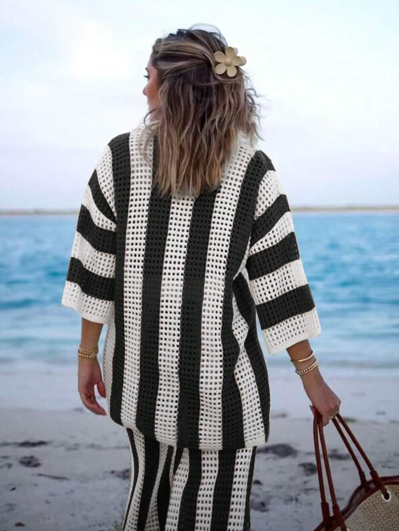Polo Collar Hollow Out Striped Sweater Set