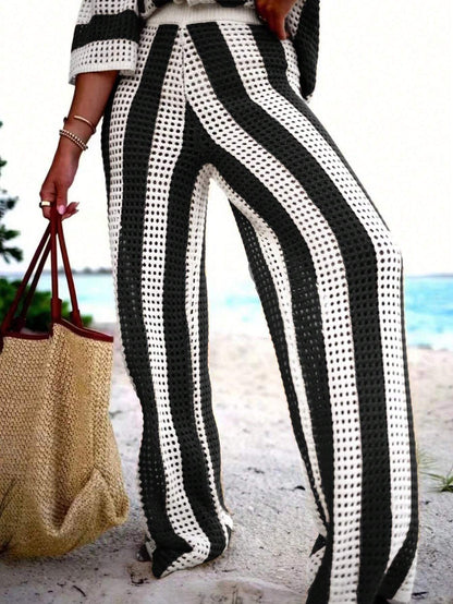 Polo Collar Hollow Out Striped Sweater Set