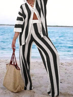 Polo Collar Hollow Out Striped Sweater Set