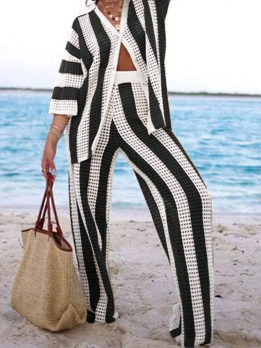 Polo Collar Hollow Out Striped Sweater Set
