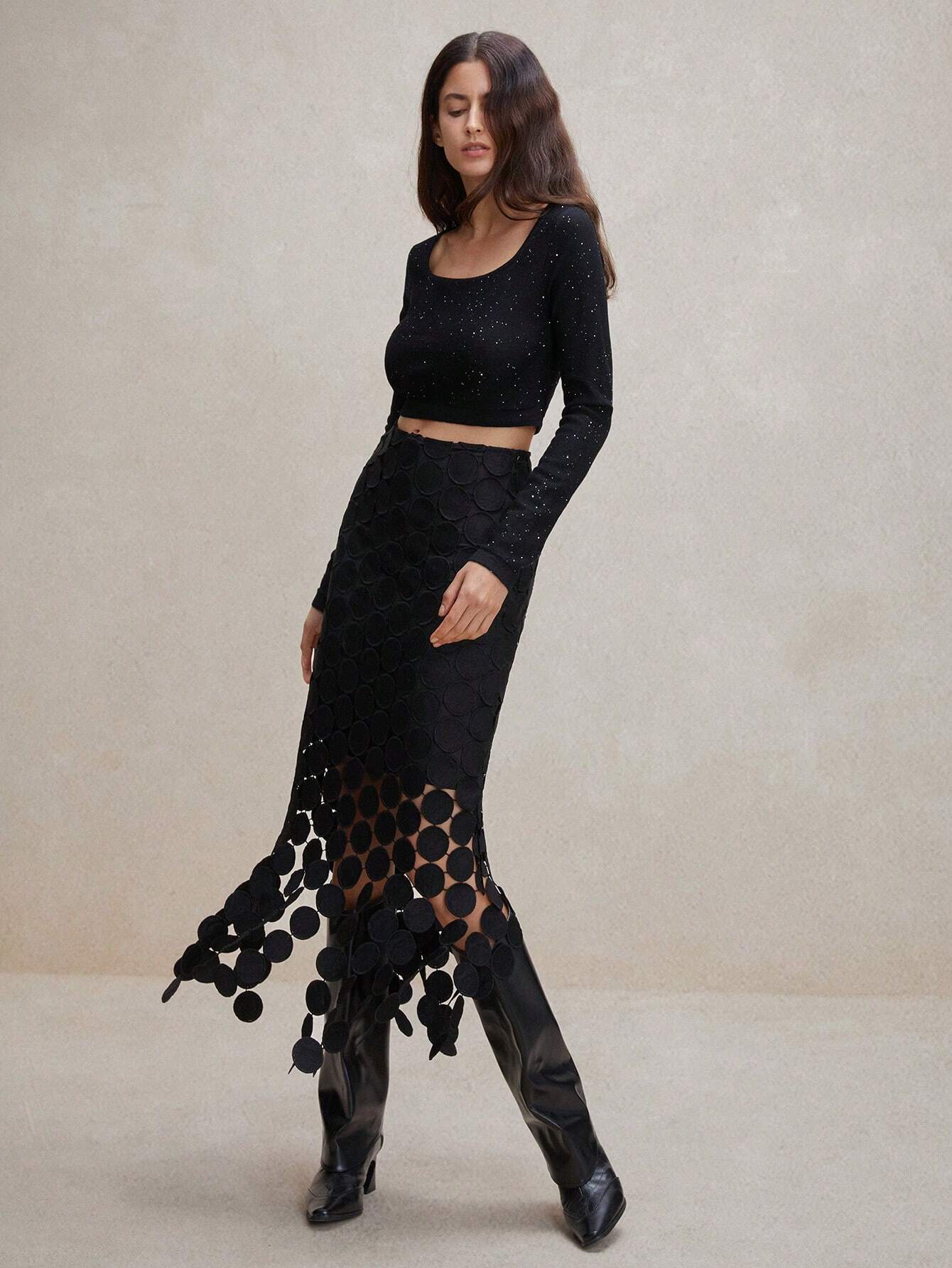 Laser Cut Multi Circle Double Layered Maxi Skirt
