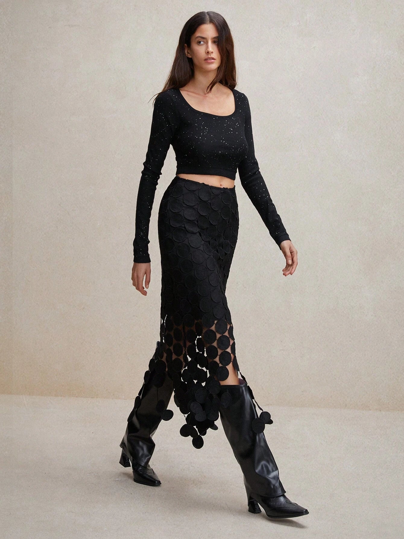 Laser Cut Multi Circle Double Layered Maxi Skirt
