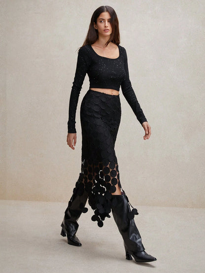 Laser Cut Multi Circle Double Layered Maxi Skirt