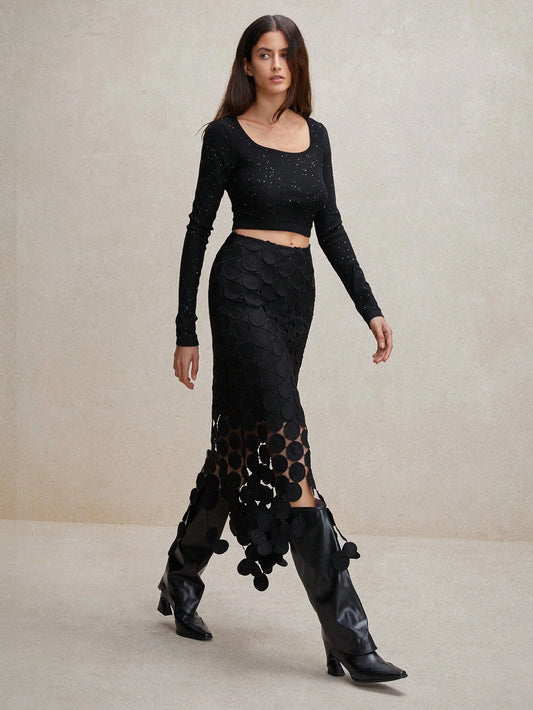 Laser Cut Multi Circle Double Layered Maxi Skirt