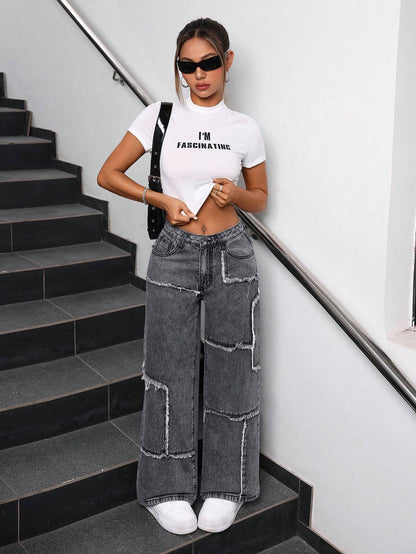 Patchwork Loose Fit Wide Leg Jeans