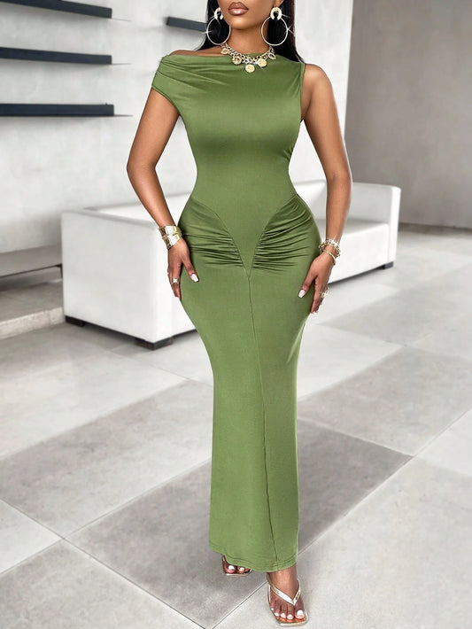 Asymmetric Neckline Pleated Elegant Dress
