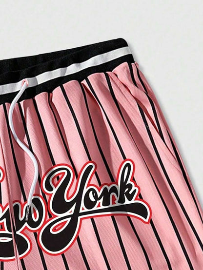 Graphic Striped Drawstring Waist Shorts