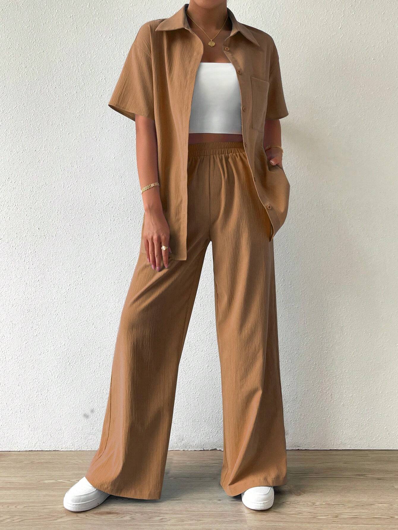 Button-Front  Shirt And Straight Pants Sets