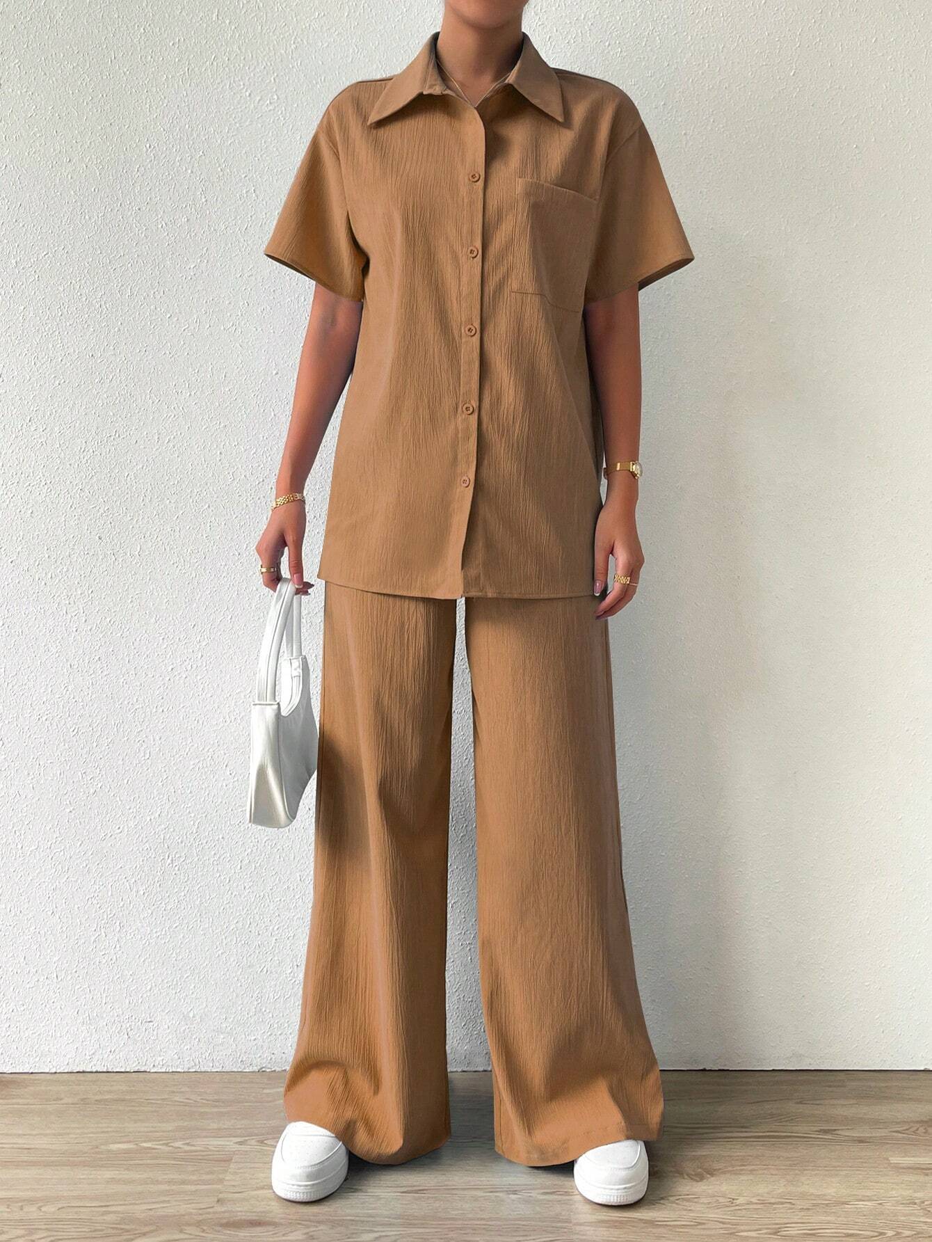 Button-Front  Shirt And Straight Pants Sets