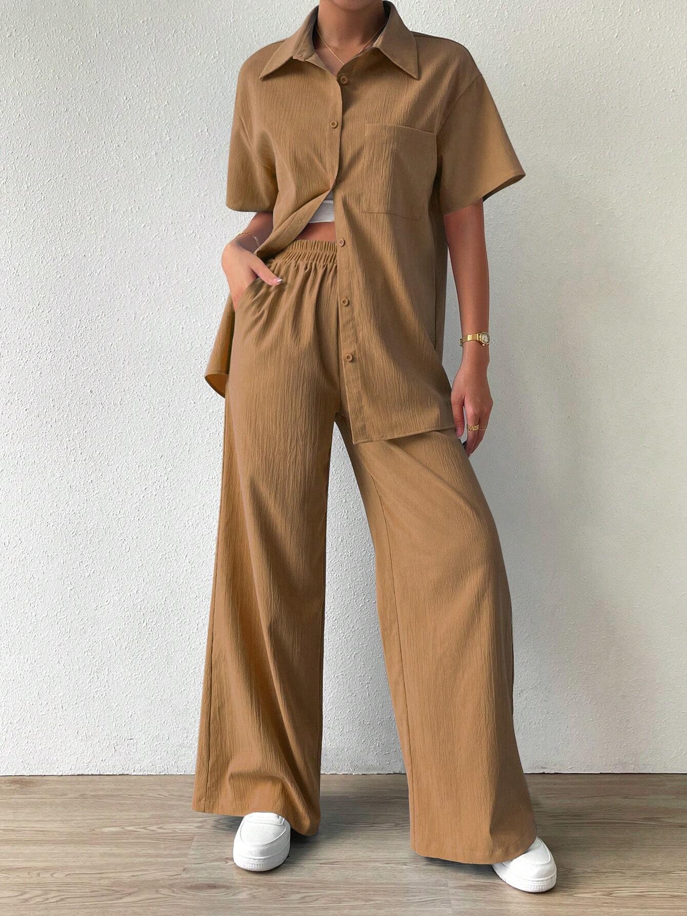 Button-Front  Shirt And Straight Pants Sets
