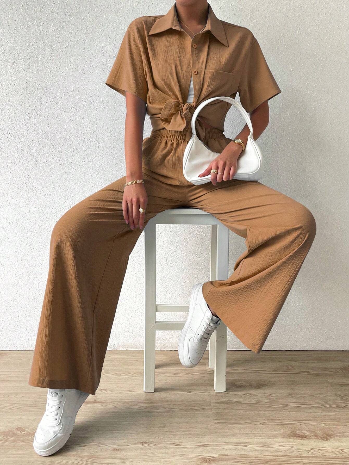 Button-Front  Shirt And Straight Pants Sets