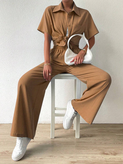 Button-Front  Shirt And Straight Pants Sets