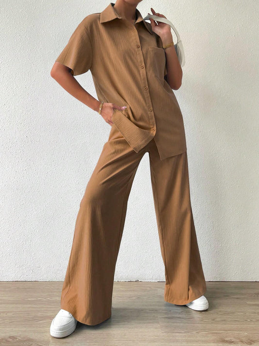 Button-Front  Shirt And Straight Pants Sets